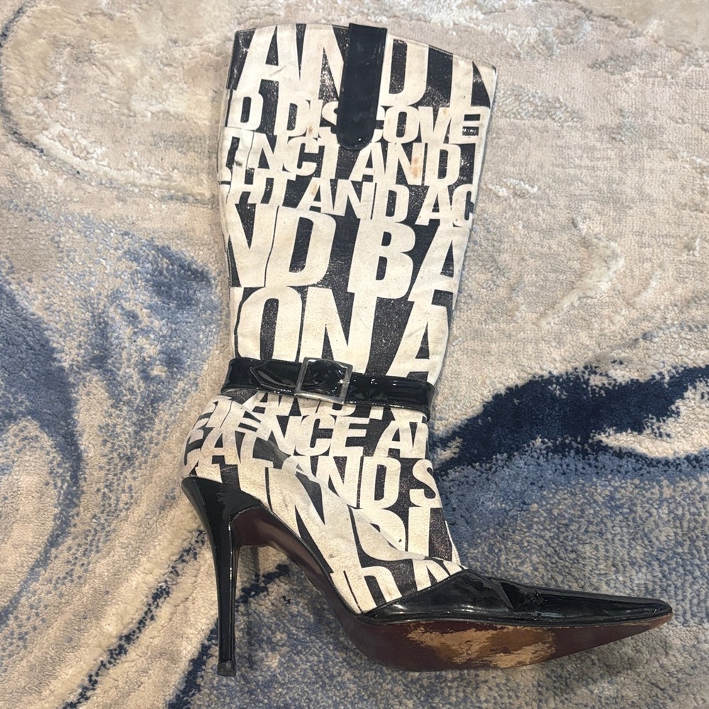 Black & White Print Knee-High Stiletto Boots – Size 8 - Picture 2 of 8